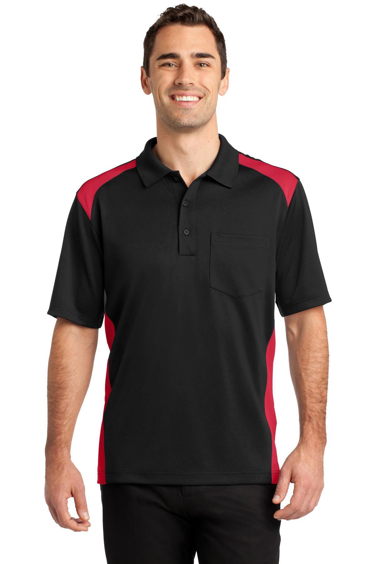 Front View of Black/Red CornerStone Select Snag-Proof Two Way Colorblock Pocket Polo. CS416