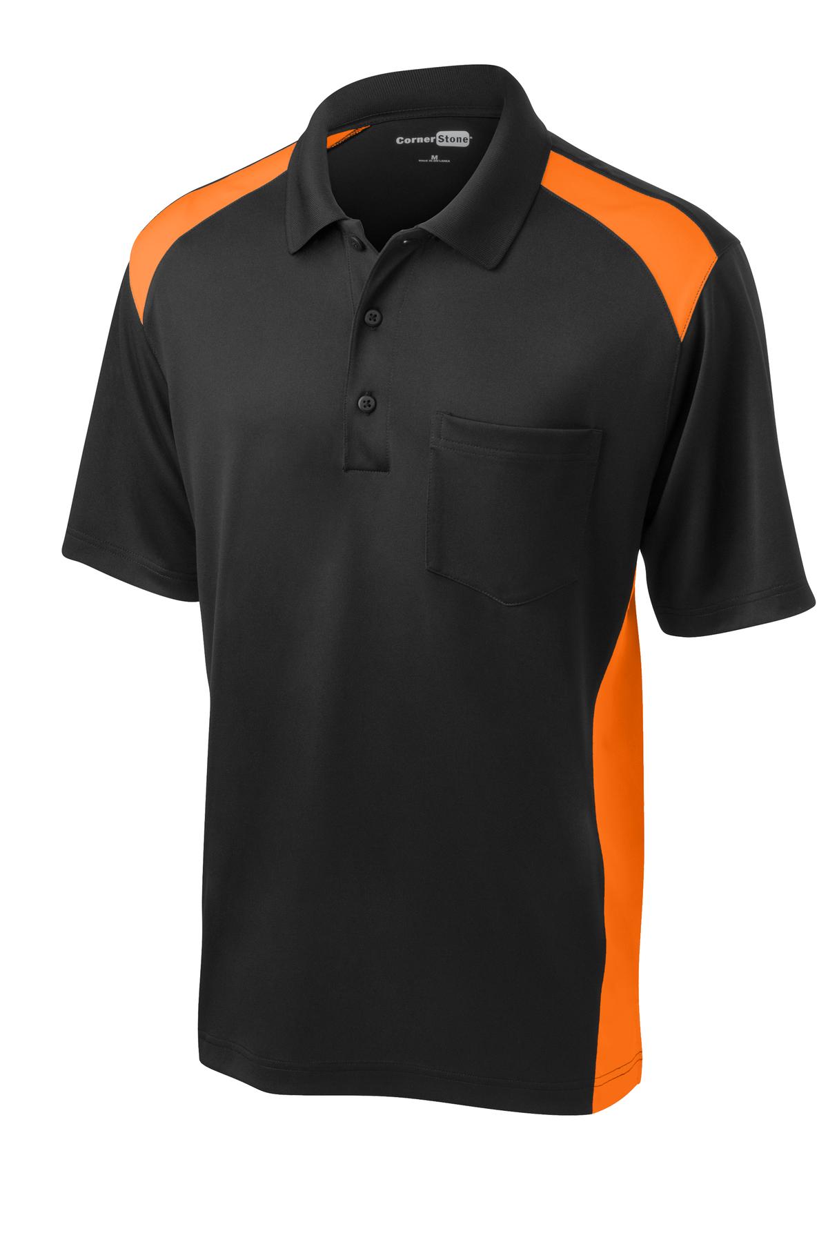 Front View of Black/Shck Org CornerStone Select Snag-Proof Two Way Colorblock Pocket Polo. CS416