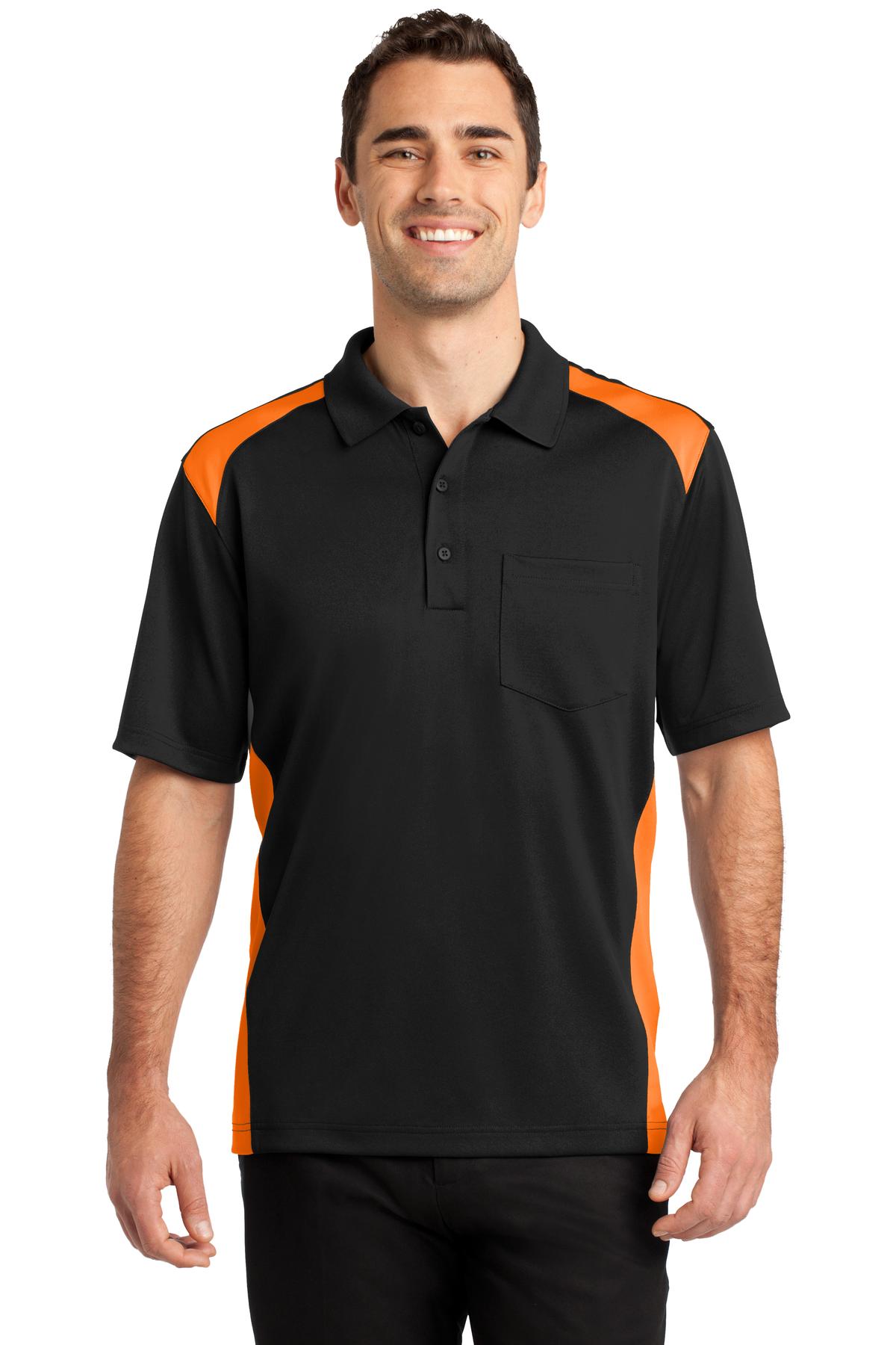 Front View of Black/Shck Org CornerStone Select Snag-Proof Two Way Colorblock Pocket Polo. CS416
