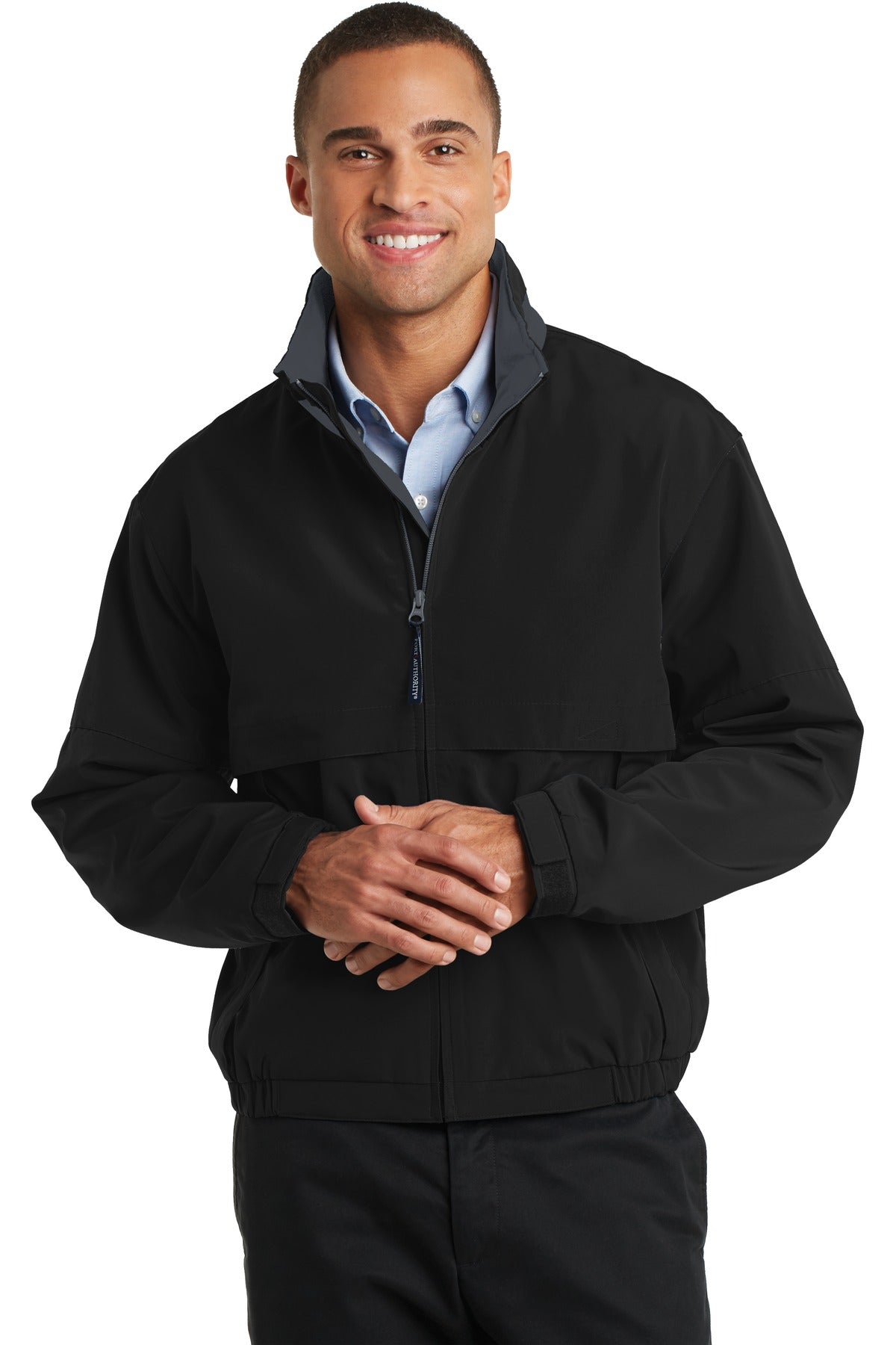 Front View of Black/Steel Gy Port Authority Legacy Jacket. J764