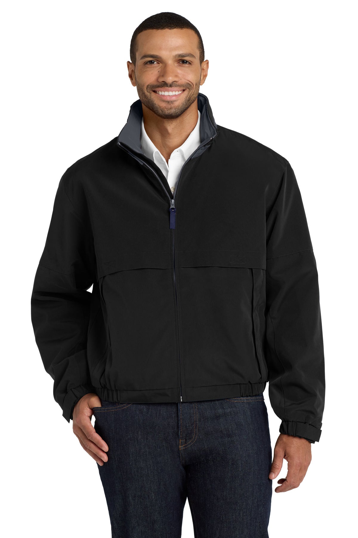 Front View of Black/Steel Gy Port Authority Legacy Jacket. J764