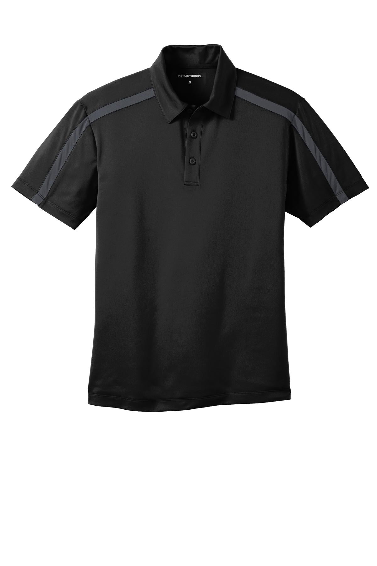 Front View of Black/Steel Gy Port Authority Silk Touch Performance Colorblock Stripe Polo. K547