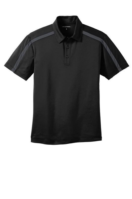 Front View of Black/Steel Gy Port Authority Silk Touch Performance Colorblock Stripe Polo. K547