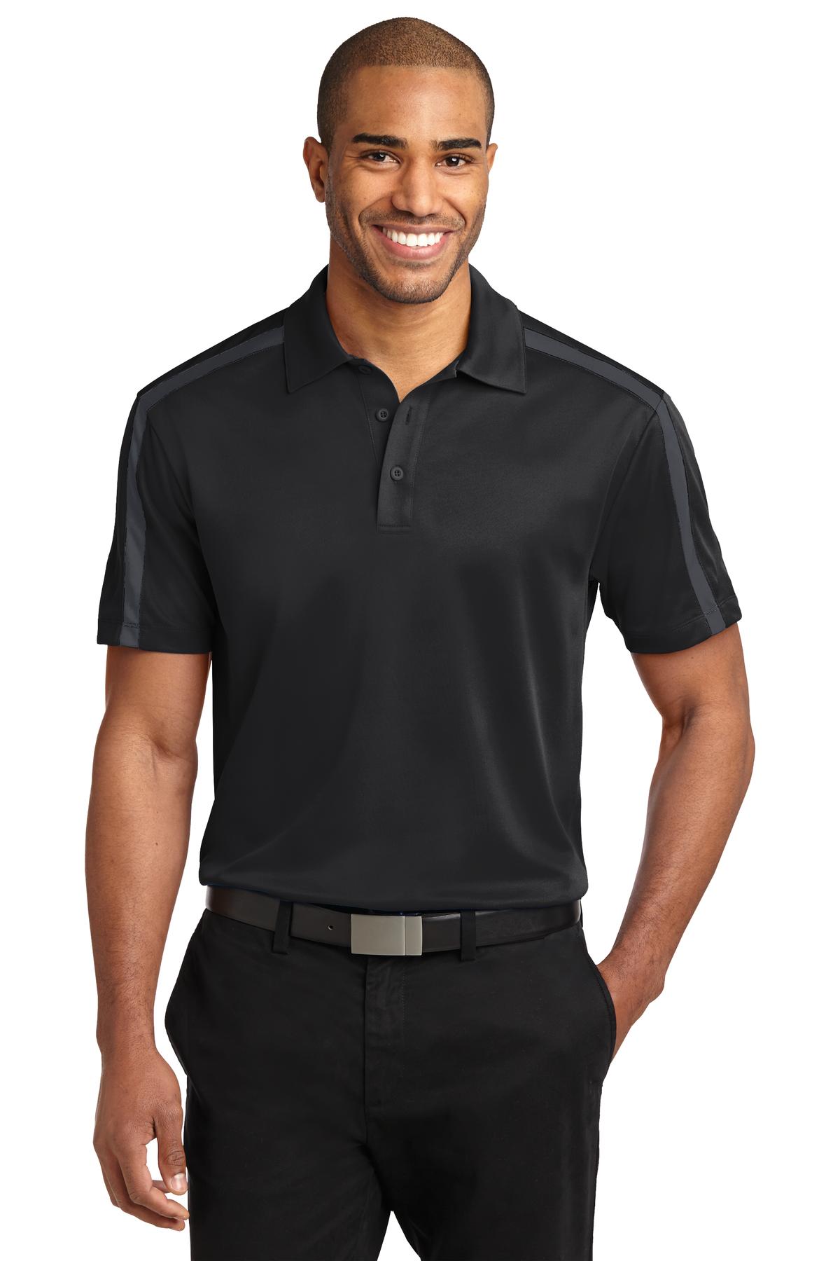 Front View of Black/Steel Gy Port Authority Silk Touch Performance Colorblock Stripe Polo. K547
