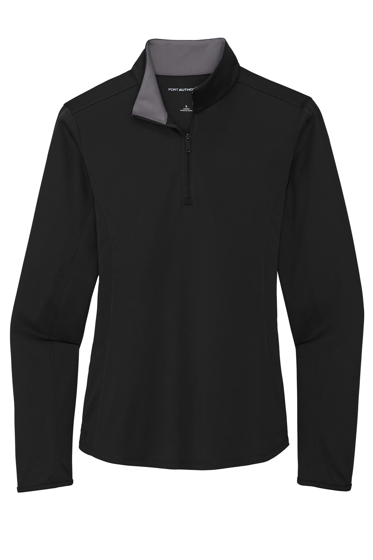 Front View of Black/Steel Gy Port Authority Women's Silk Touch Performance 1/4-Zip LK584