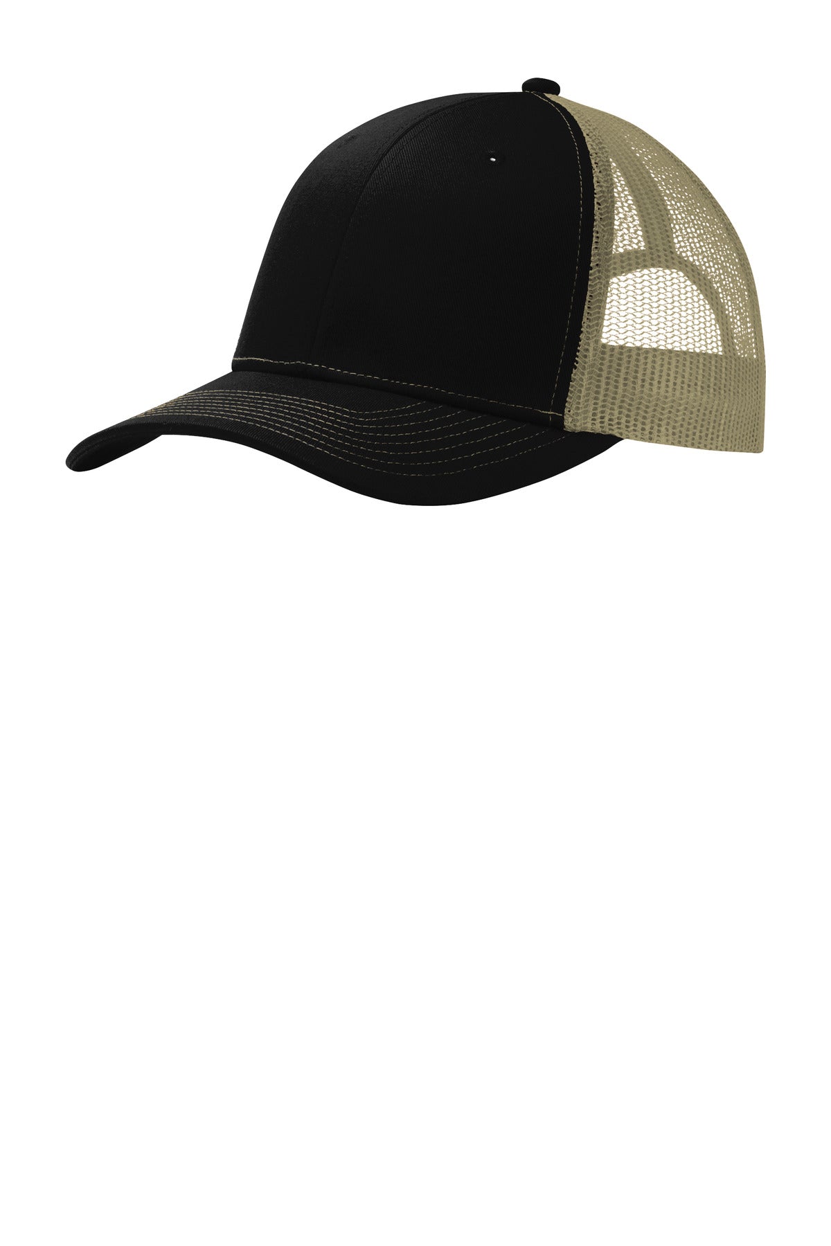 Front View of Black/Tan Port Authority Snapback Trucker Cap. C112