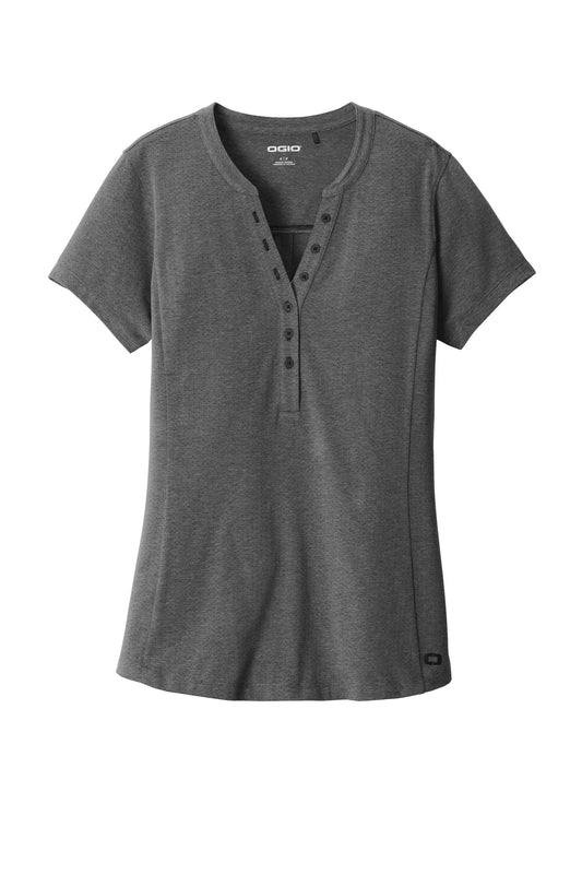 Front View of Blacktop Hthr OGIO Women's Tread Henley. LOG136