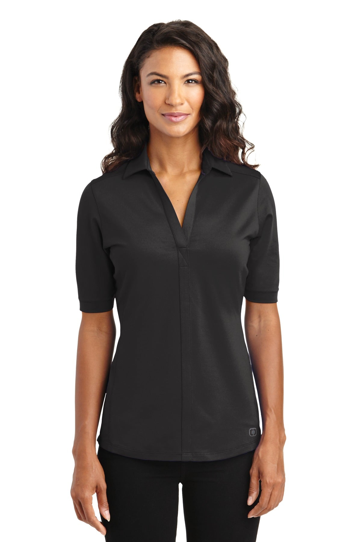 Front View of Blacktop OGIO Women's Metro Polo. LOG130