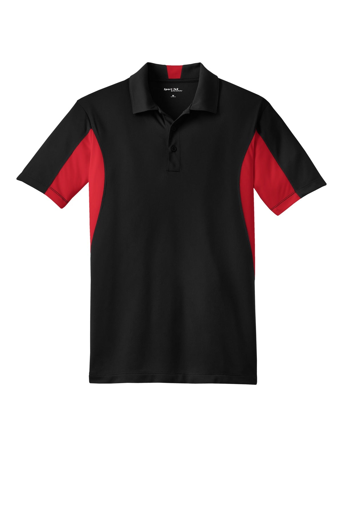 Front View of Black/Tr Red Sport-Tek Tall Side Blocked Micropique Sport-Wick Polo. TST655