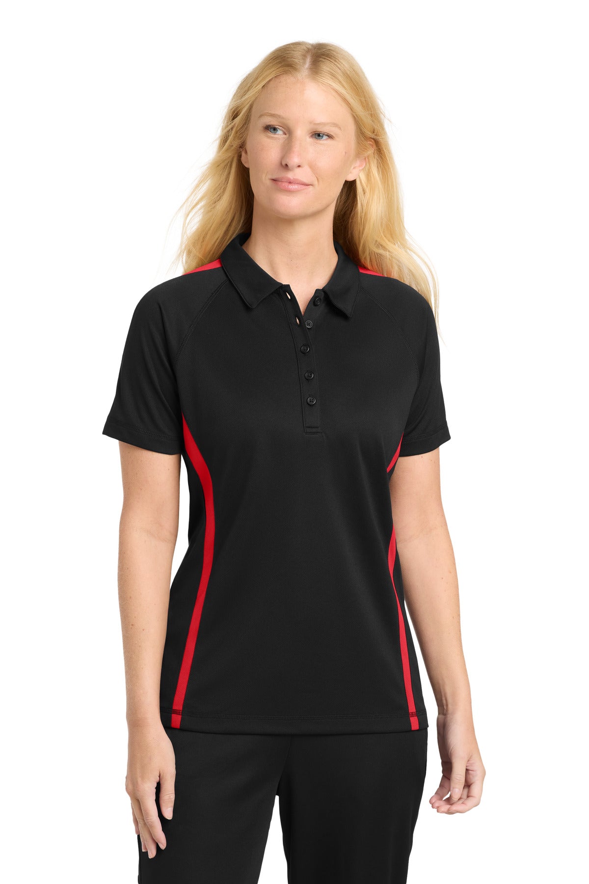 Front View of Black/Tr Red Sport-Tek Women's PosiCharge Micro-Mesh Colorblock Polo. LST685