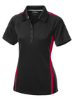 Front View of Black/Tr Red Sport-Tek Women's PosiCharge Micro-Mesh Colorblock Polo. LST685