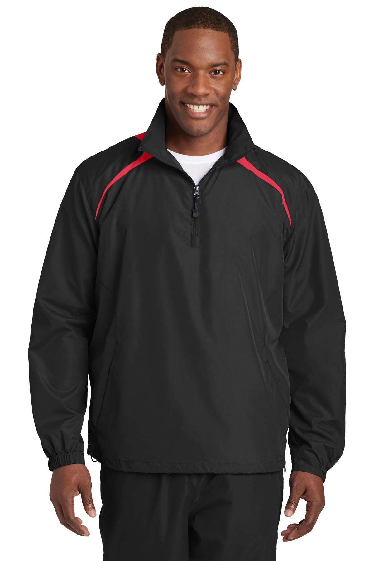 Front View of Black/True Red Sport-Tek 1/2-Zip Wind Shirt. JST75