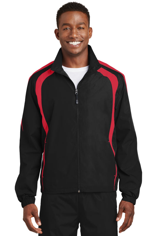 Front View of Black/True Red Sport-Tek Colorblock Raglan Jacket. JST60
