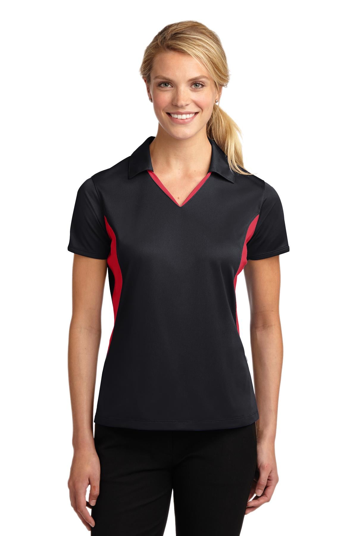 Front View of Black/True Red Sport-Tek Women's Side Blocked Micropique Sport-Wick Polo. LST655