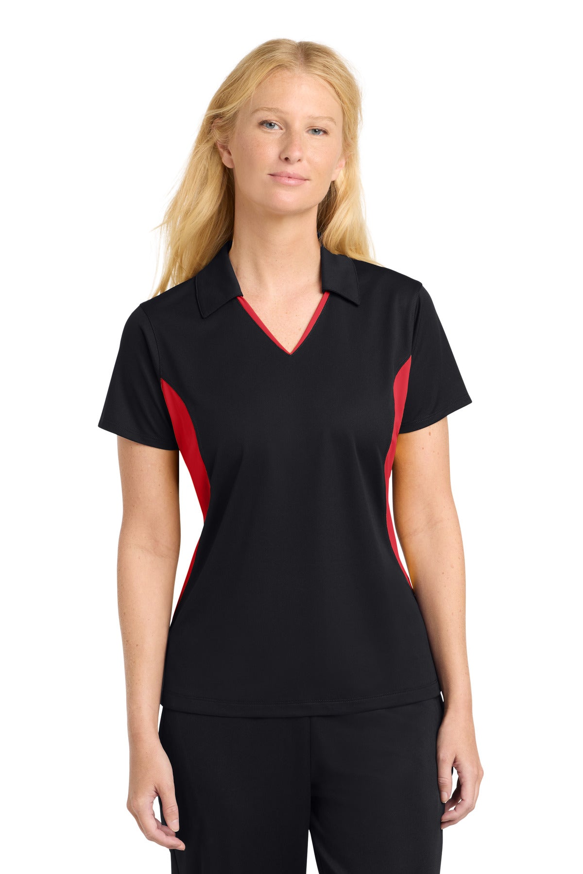 Front View of Black/True Red Sport-Tek Women's Side Blocked Micropique Sport-Wick Polo. LST655