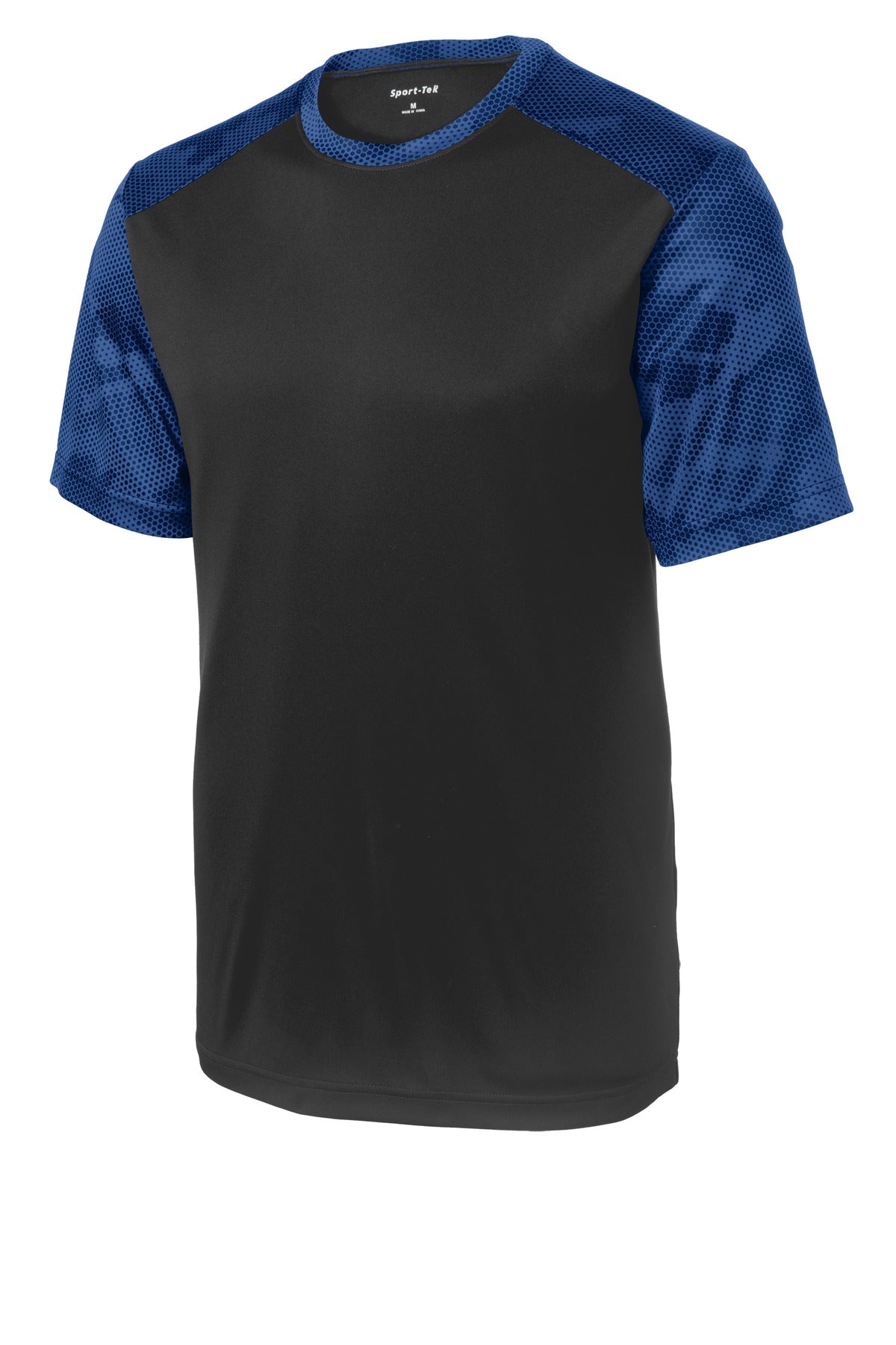 Front View of Black/True Roy Sport-Tek CamoHex Colorblock Tee. ST371