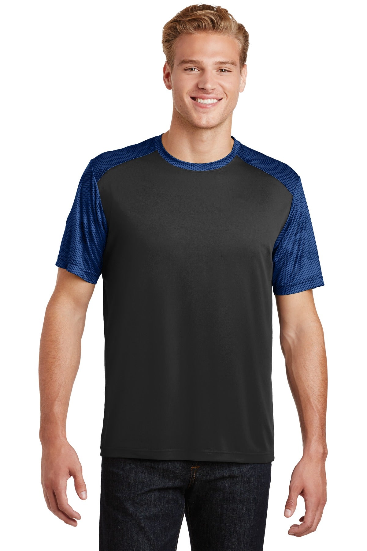 Front View of Black/True Roy Sport-Tek CamoHex Colorblock Tee. ST371