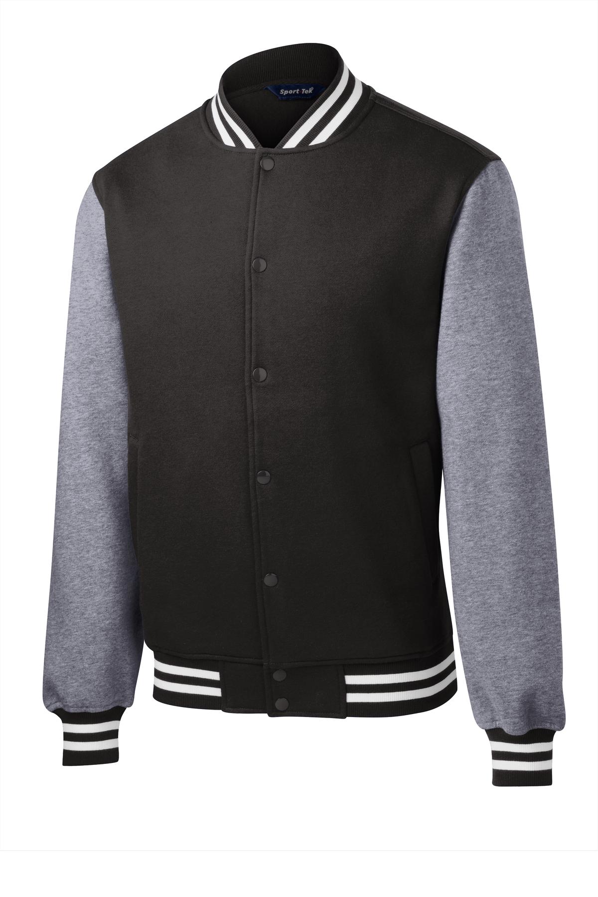 Front View of Black/Vnt Hthr Sport-Tek Fleece Letterman Jacket. ST270