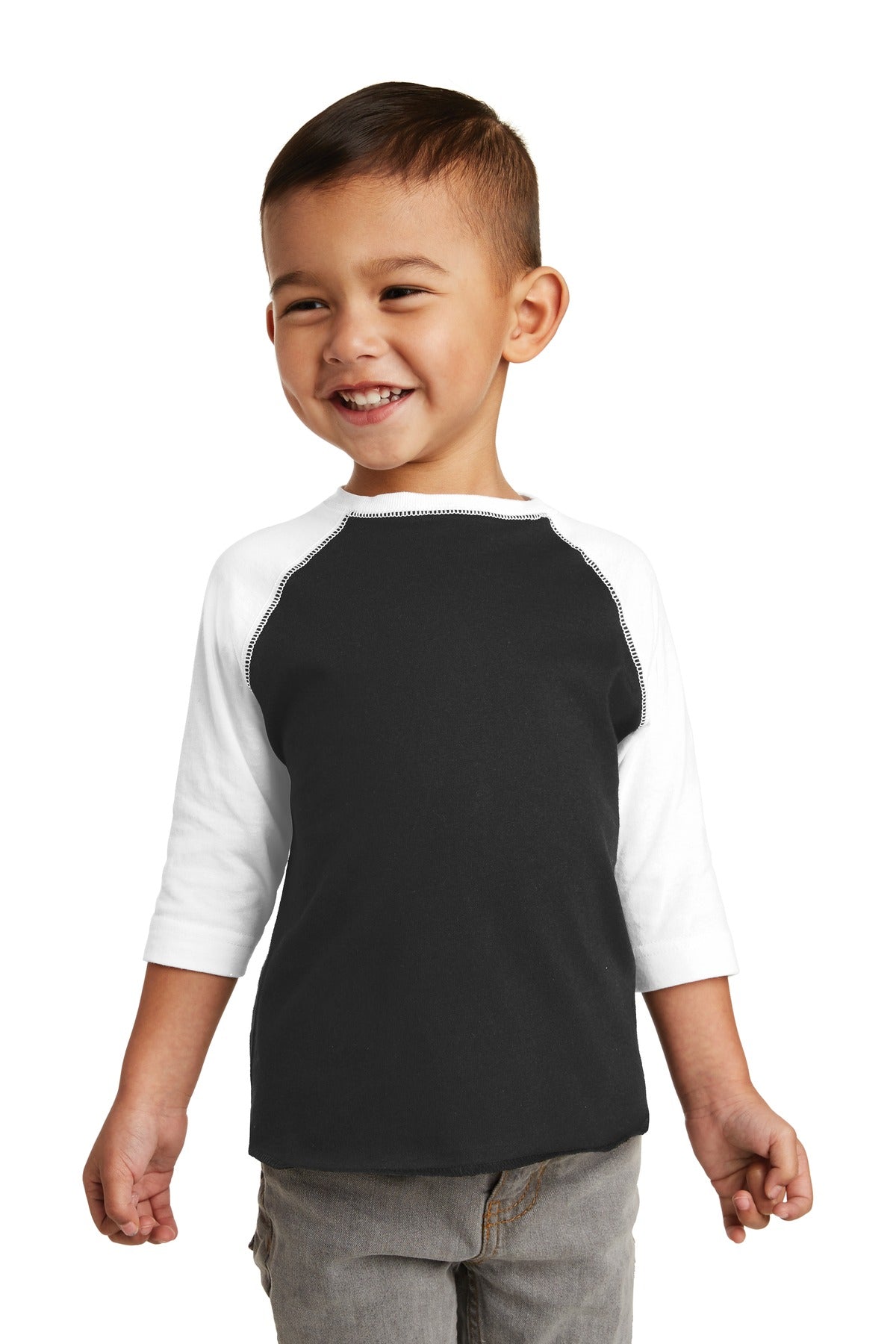 Front View of Black/White DISCONTINUED Rabbit Skins Toddler Baseball Fine Jersey Tee. RS3330