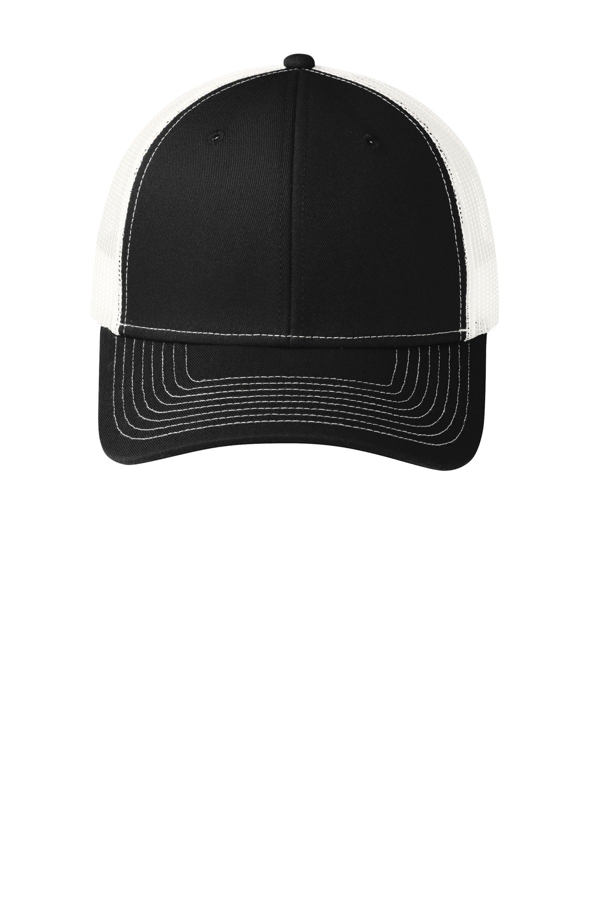 Front View of Black/White Port Authority Snapback Trucker Cap. C112