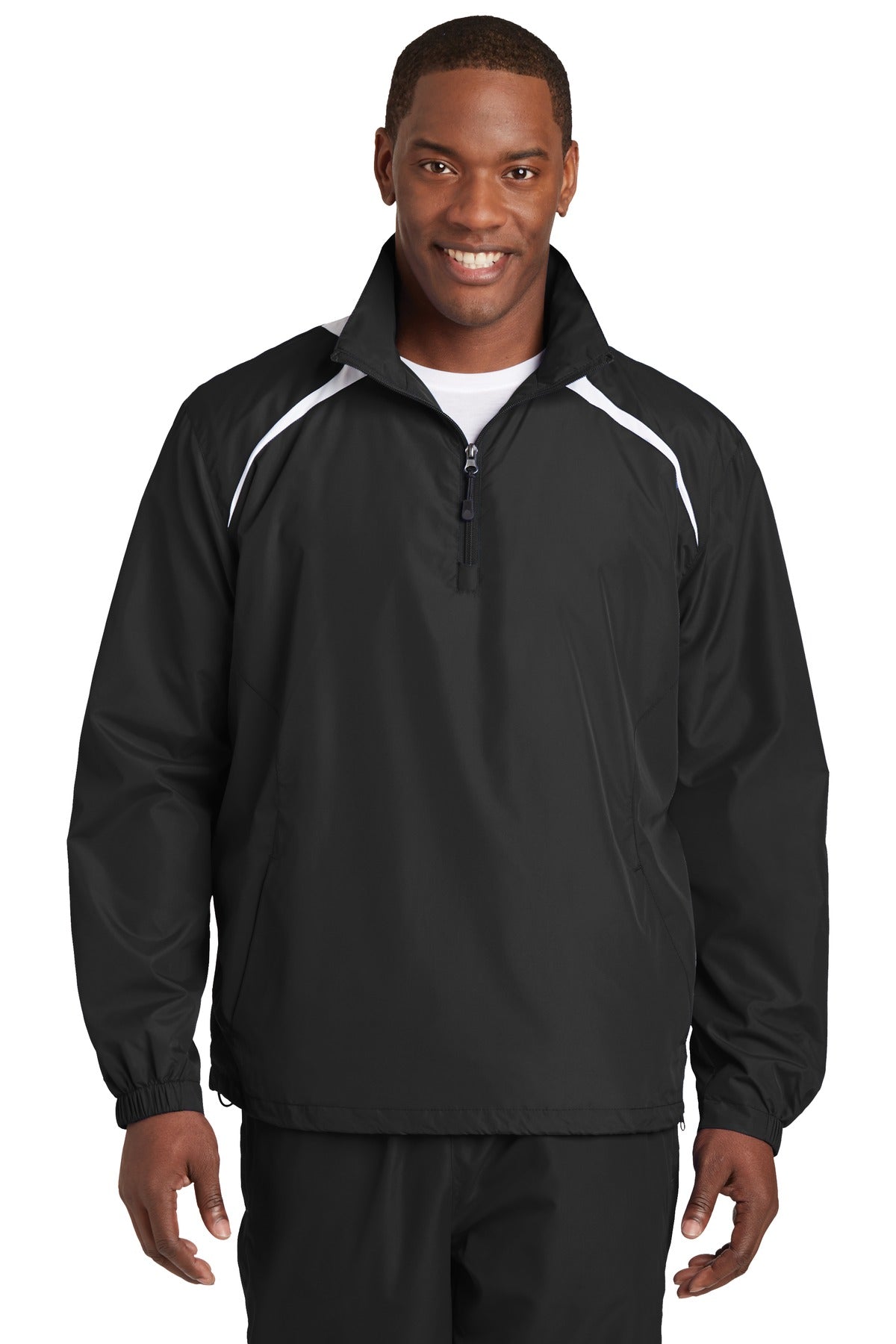 Front View of Black/White Sport-Tek 1/2-Zip Wind Shirt. JST75