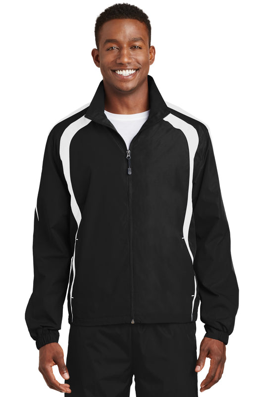 Front View of Black/White Sport-Tek Colorblock Raglan Jacket. JST60