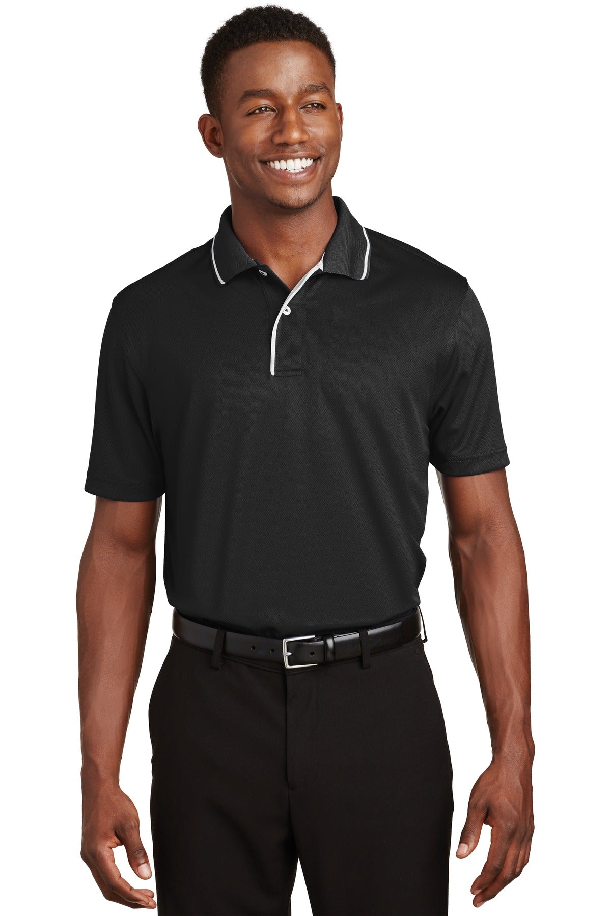 Front View of Black/White Sport-Tek Dri-Mesh Polo with Tipped Collar and Piping. K467