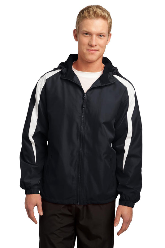 Front View of Black/White Sport-Tek Fleece-Lined Colorblock Jacket. JST81