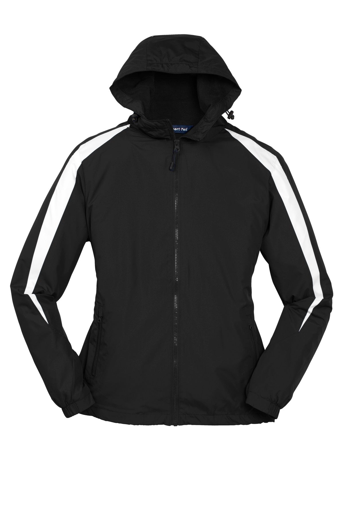 Front View of Black/White Sport-Tek Fleece-Lined Colorblock Jacket. JST81