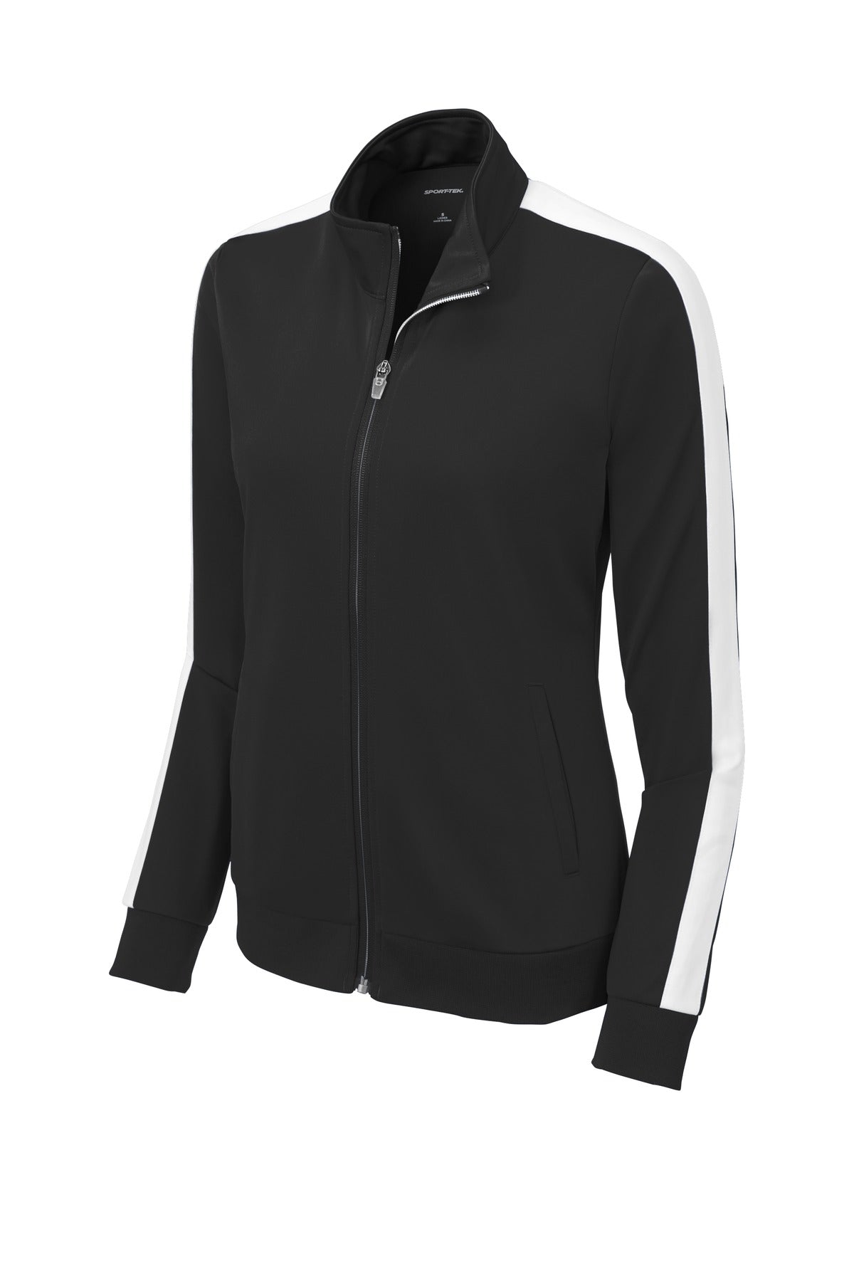 Front View of Black/White Sport-Tek Ladies Tricot Sleeve Stripe Track Jacket. LST94