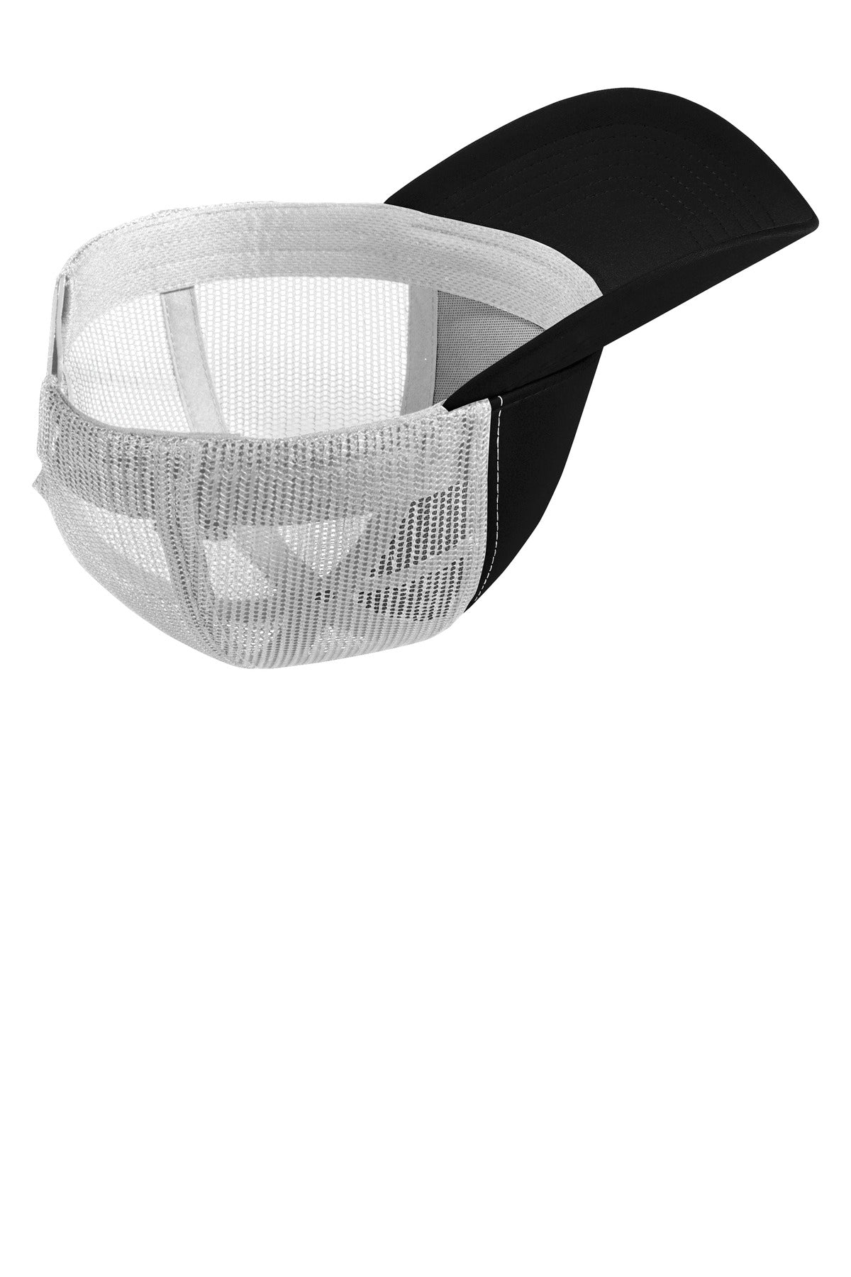 Front View of Black/White Sport-Tek PosiCharge Competitor Mesh Back Cap. STC36