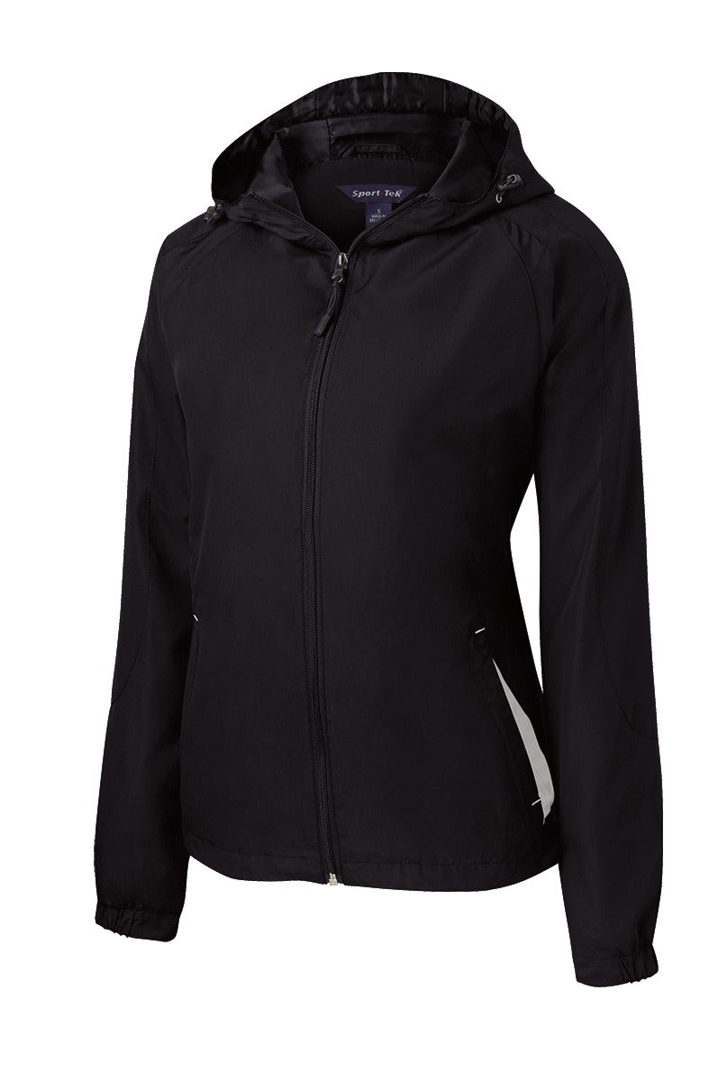 Front View of Black/White Sport-Tek Women's Colorblock Hooded Raglan Jacket. LST76