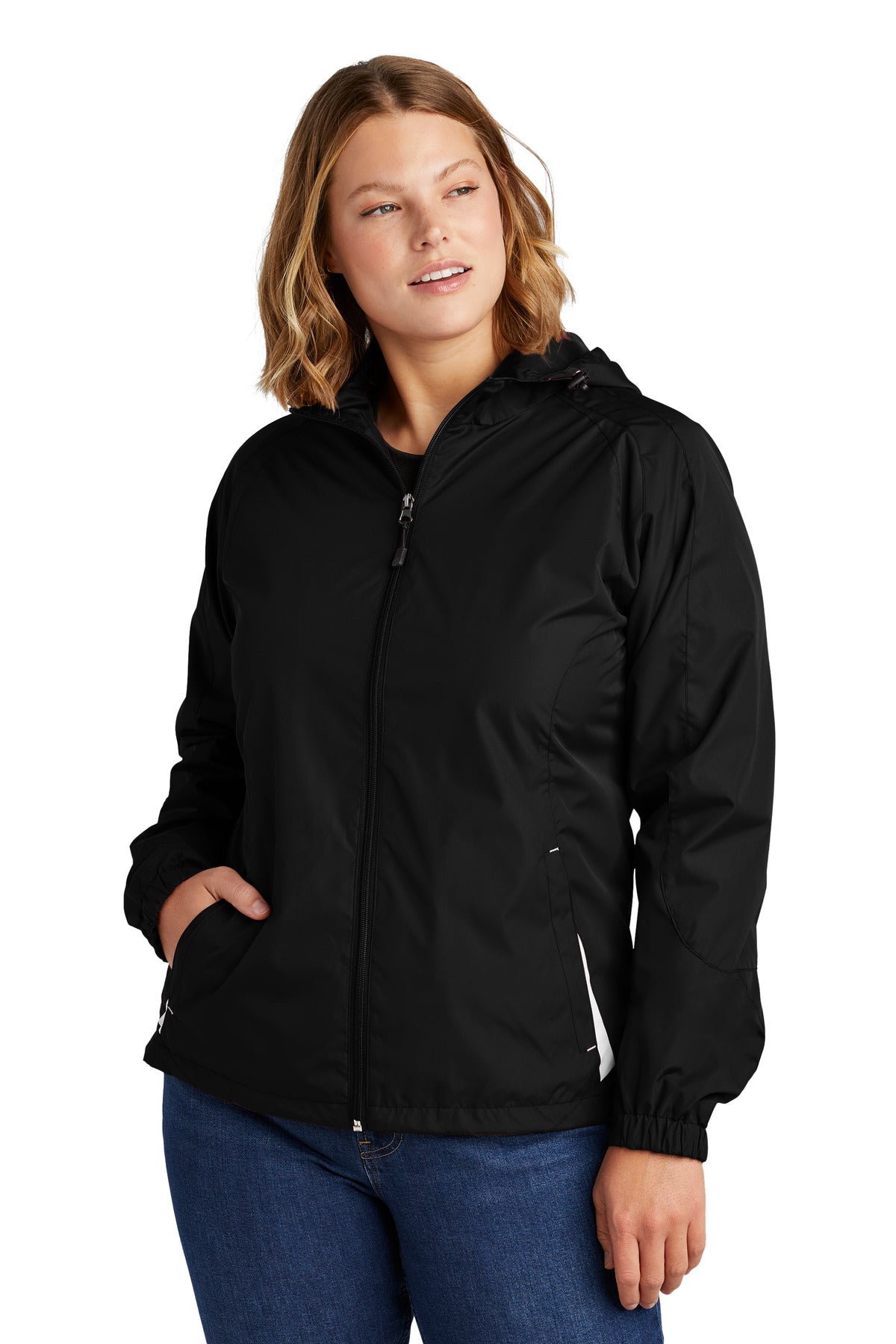 Front View of Black/White Sport-Tek Women's Colorblock Hooded Raglan Jacket. LST76