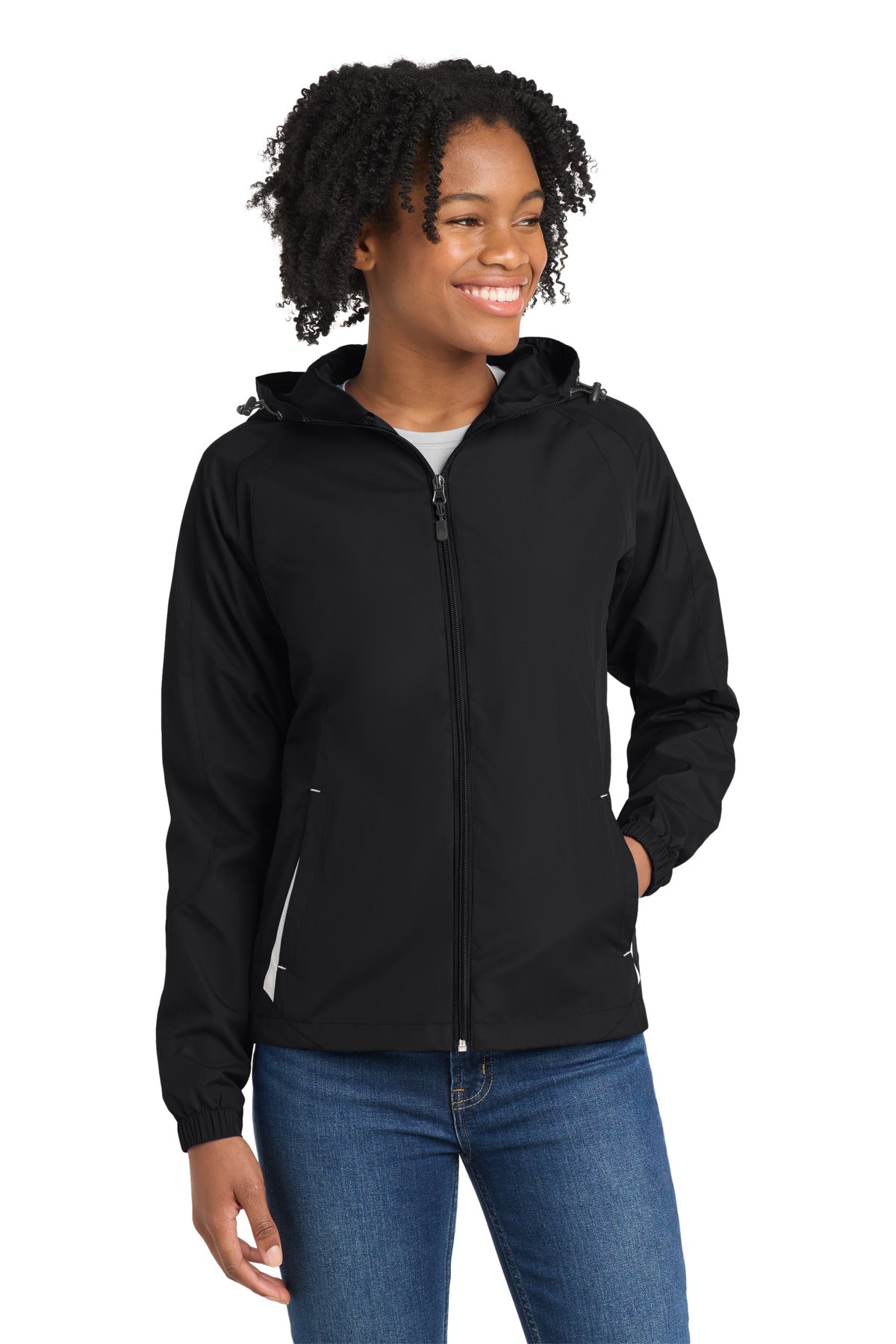 Front View of Black/White Sport-Tek Women's Colorblock Hooded Raglan Jacket. LST76