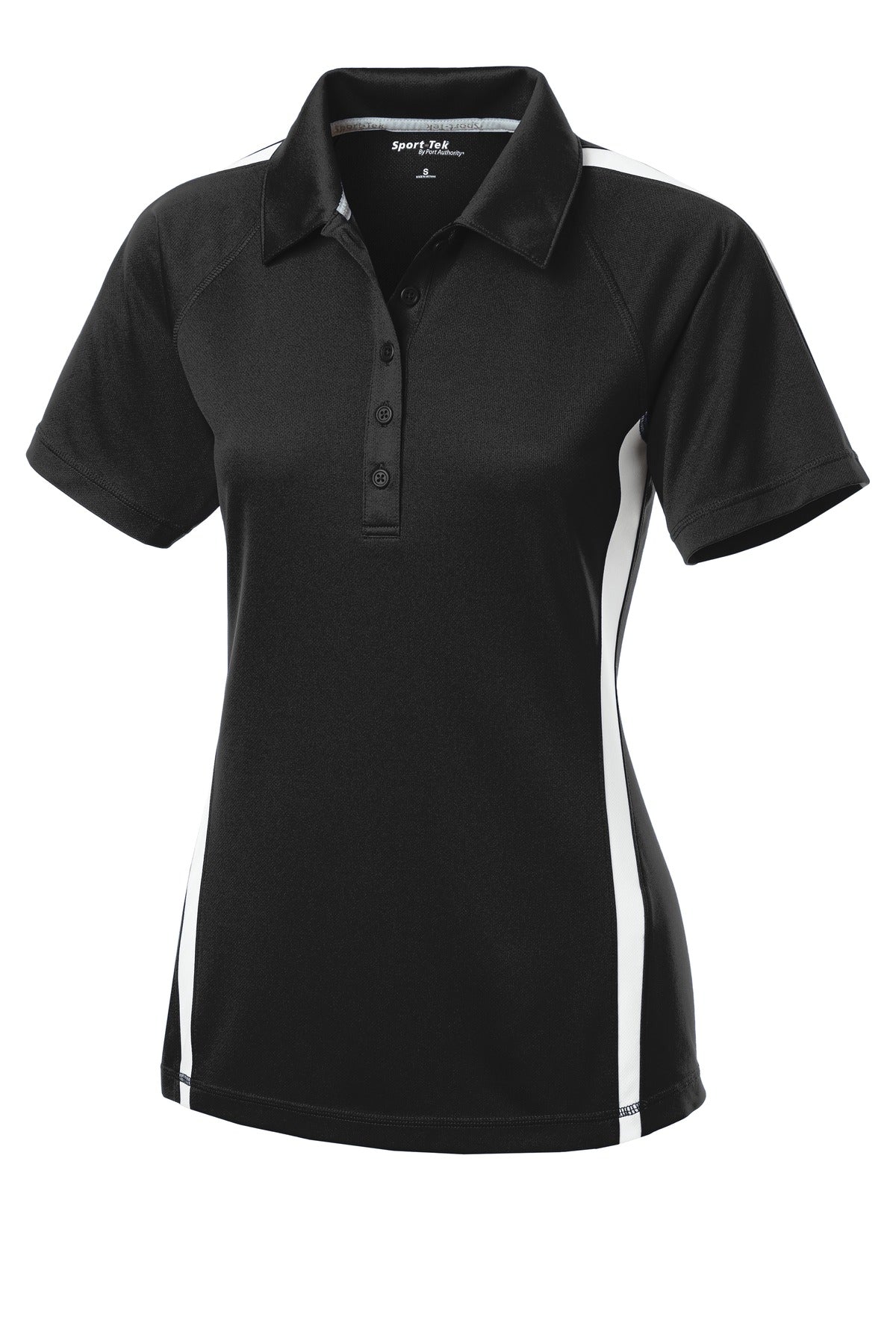 Front View of Black/White Sport-Tek Women's PosiCharge Micro-Mesh Colorblock Polo. LST685
