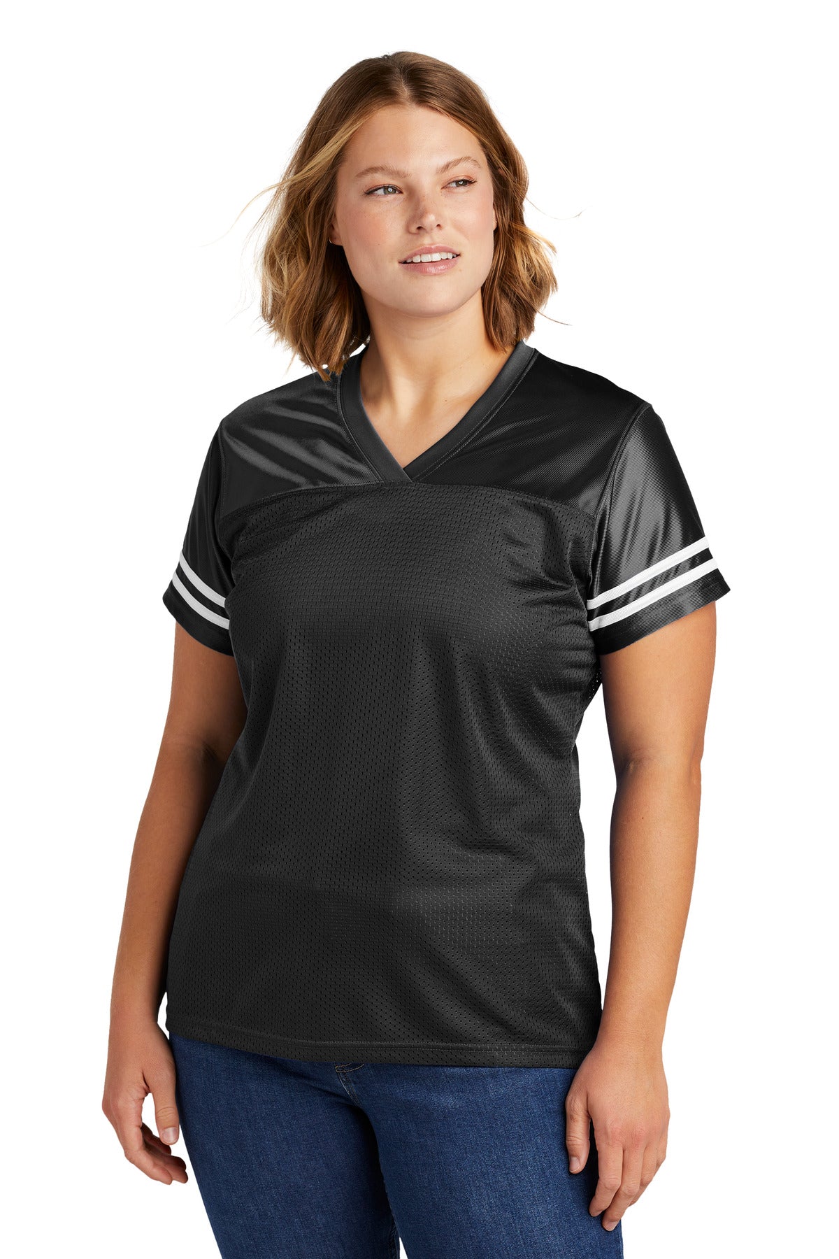 Front View of Black/White Sport-Tek Women's PosiCharge Replica Jersey. LST307
