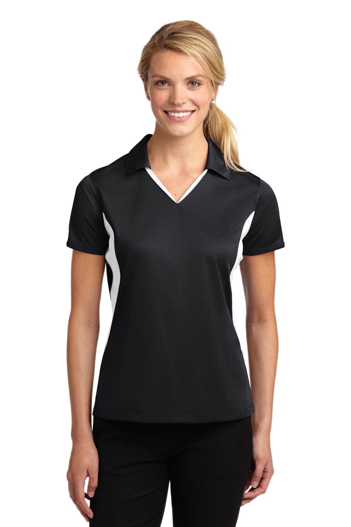 Front View of Black/White Sport-Tek Women's Side Blocked Micropique Sport-Wick Polo. LST655