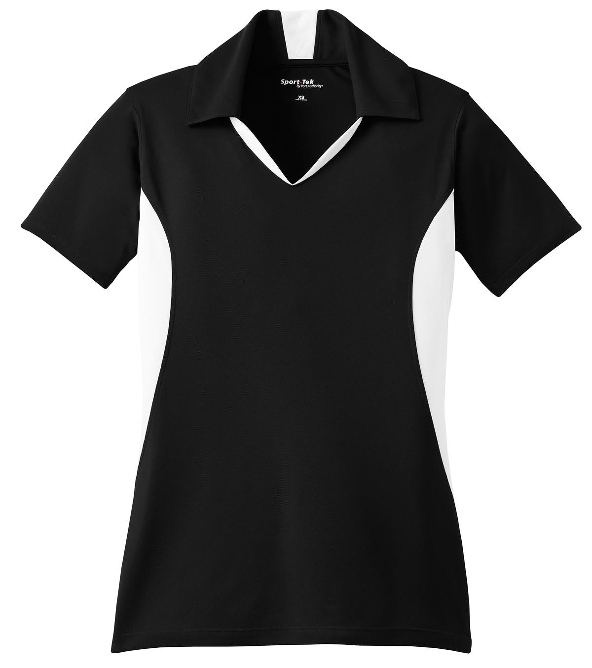 Front View of Black/White Sport-Tek Women's Side Blocked Micropique Sport-Wick Polo. LST655