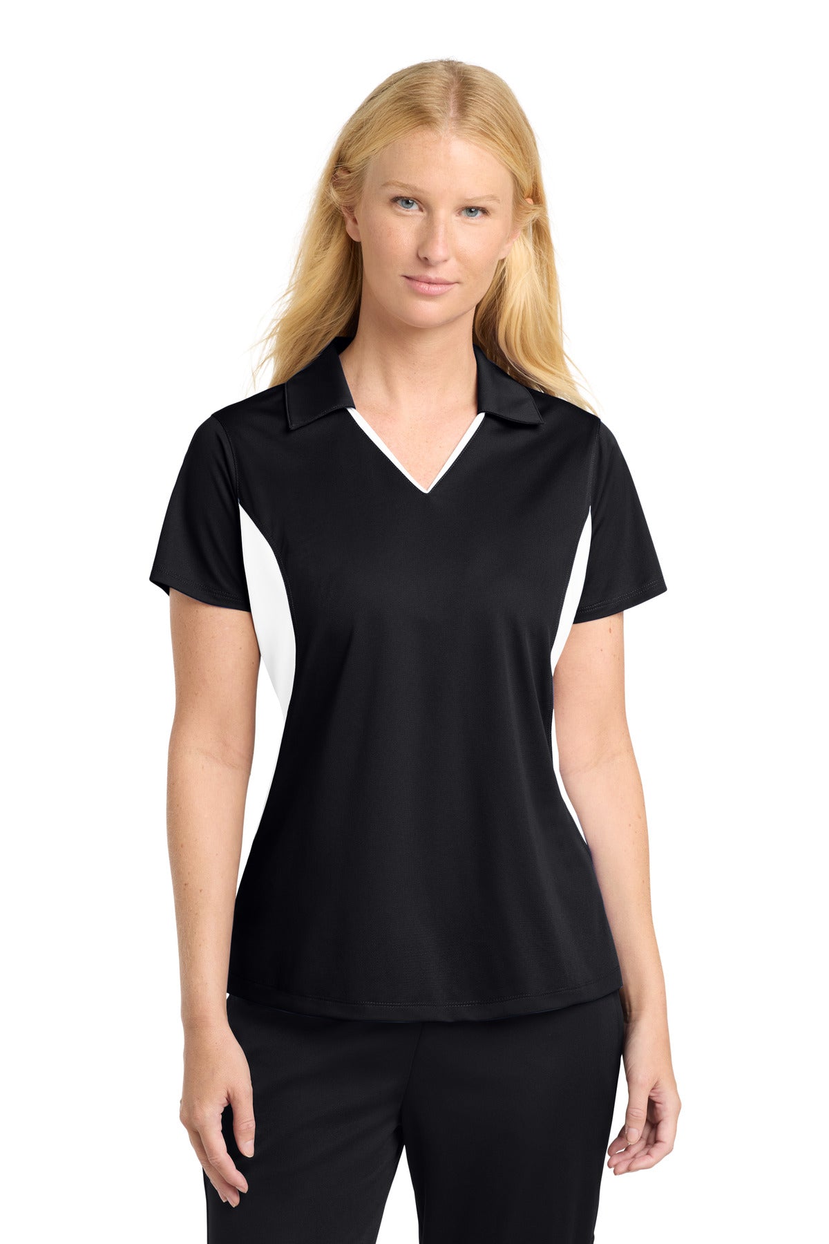 Front View of Black/White Sport-Tek Women's Side Blocked Micropique Sport-Wick Polo. LST655