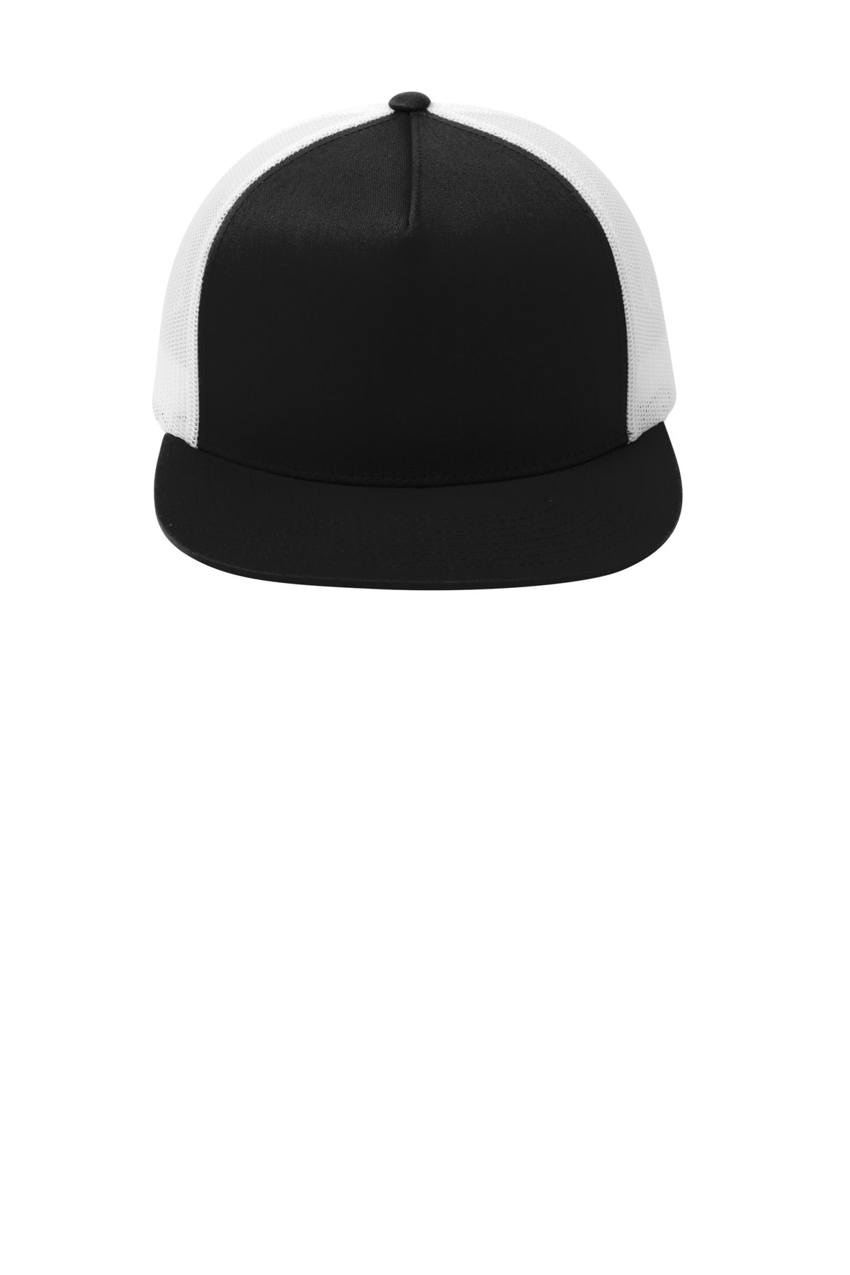 Front View of Black/White Sport-Tek YP Classics 5-Panel Classic Trucker Mesh Back Cap. STC38
