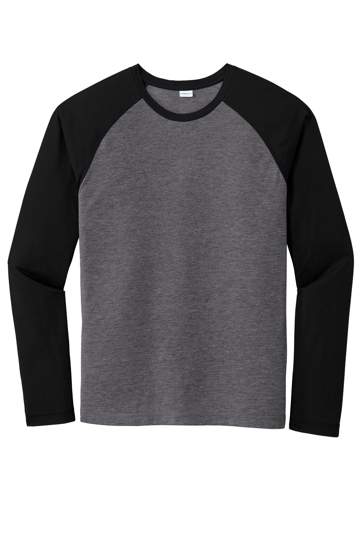 Front View of Blk TS/Dk Gy H Sport-Tek PosiCharge Long Sleeve Tri-Blend Wicking Raglan Tee ST400LS