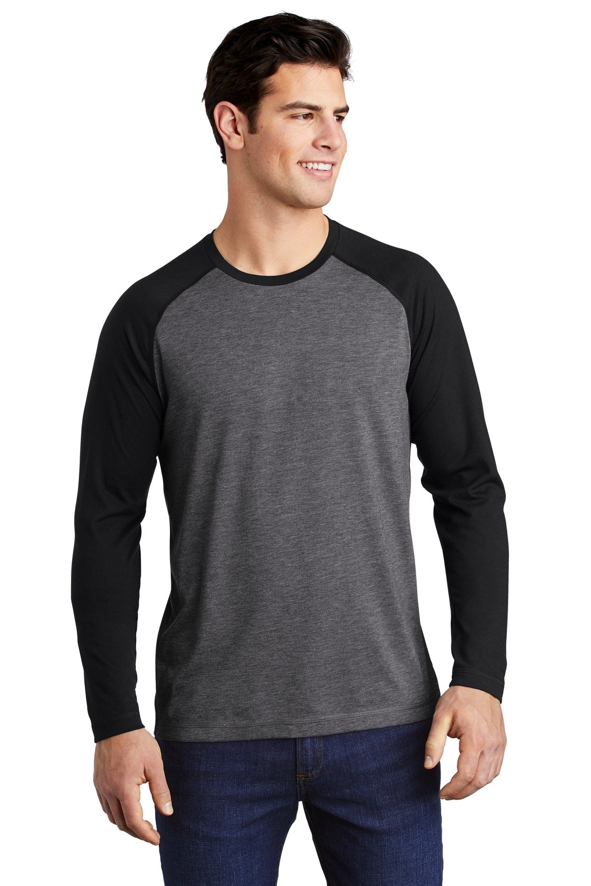 Front View of Blk TS/Dk Gy H Sport-Tek PosiCharge Long Sleeve Tri-Blend Wicking Raglan Tee ST400LS