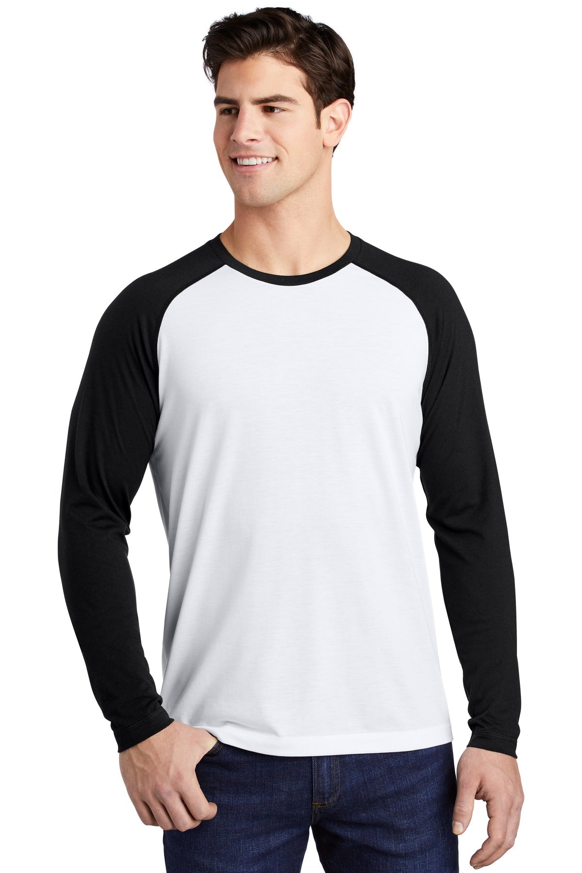 Front View of Blk TS/Wht TS Sport-Tek PosiCharge Long Sleeve Tri-Blend Wicking Raglan Tee ST400LS