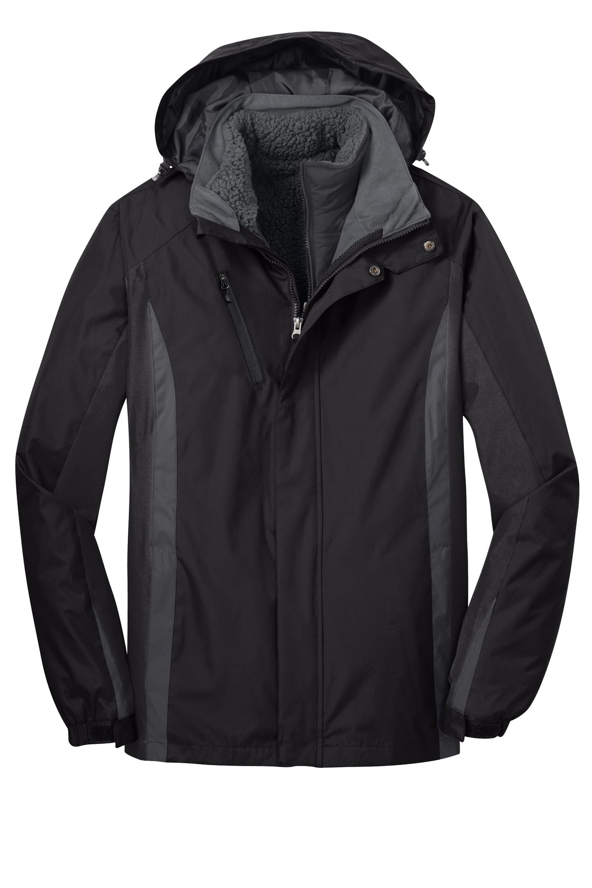 Front View of Blk/Blk/Mag Gy Port Authority Colorblock 3-in-1 Jacket. J321