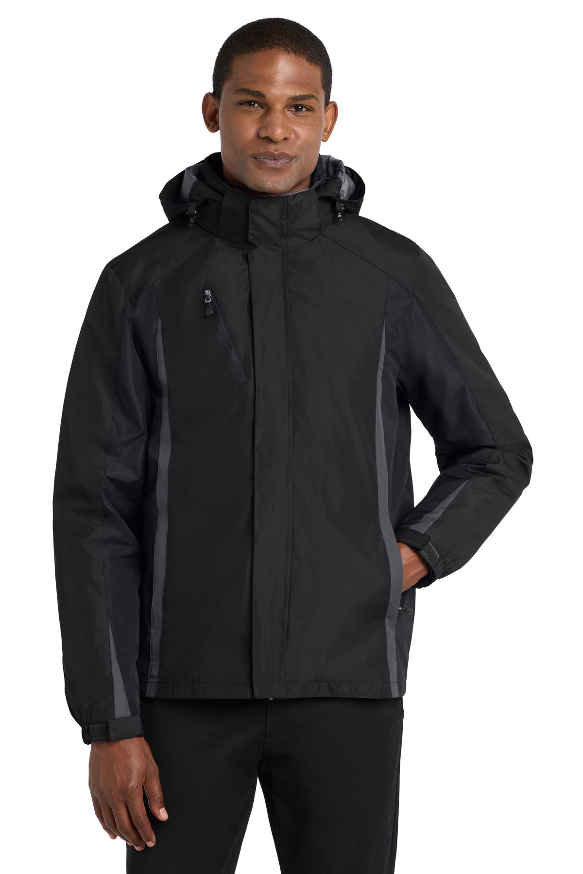 Front View of Blk/Blk/Mag Gy Port Authority Colorblock 3-in-1 Jacket. J321