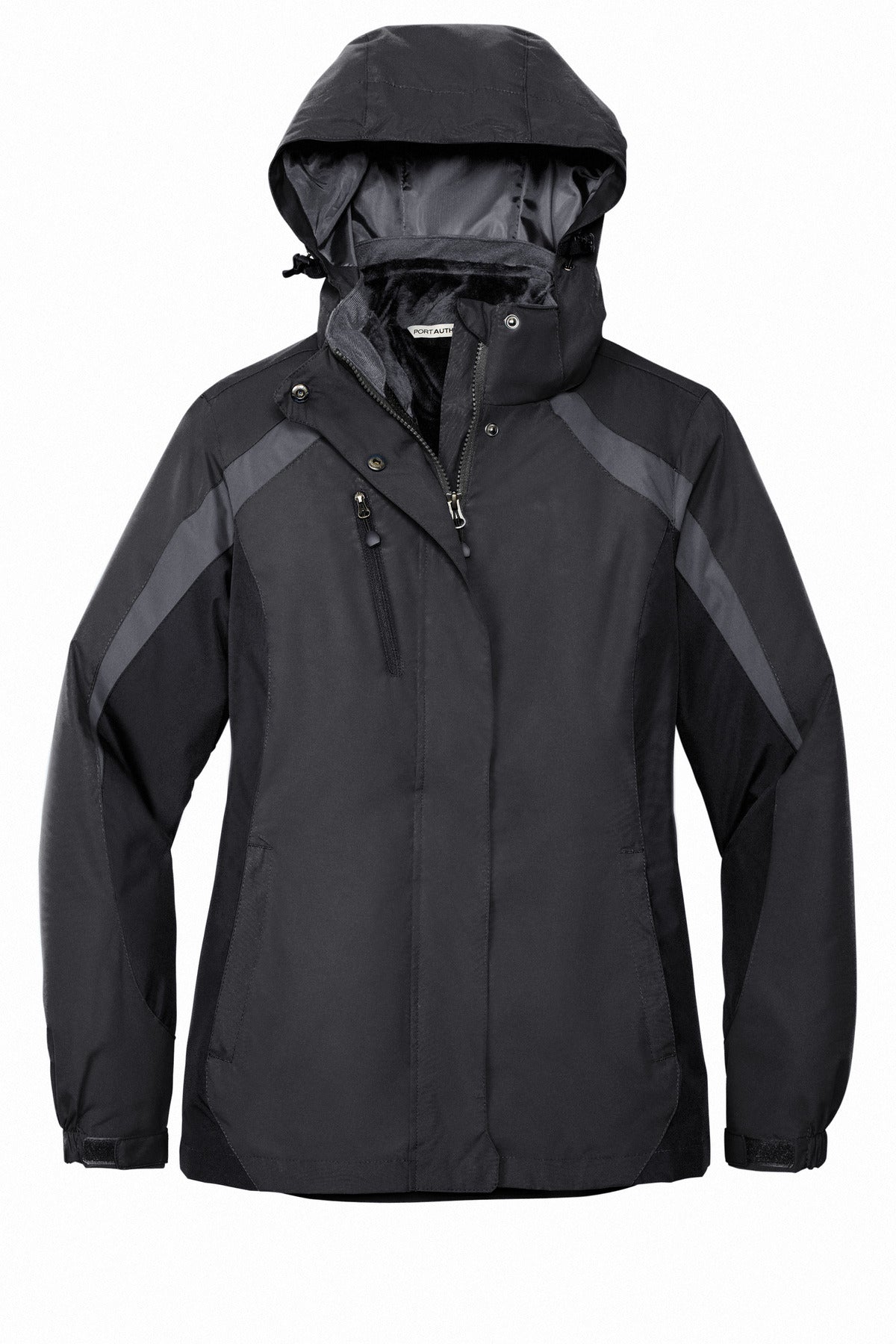 Front View of Blk/Blk/Mag Gy Port Authority Women's Colorblock 3-in-1 Jacket. L321