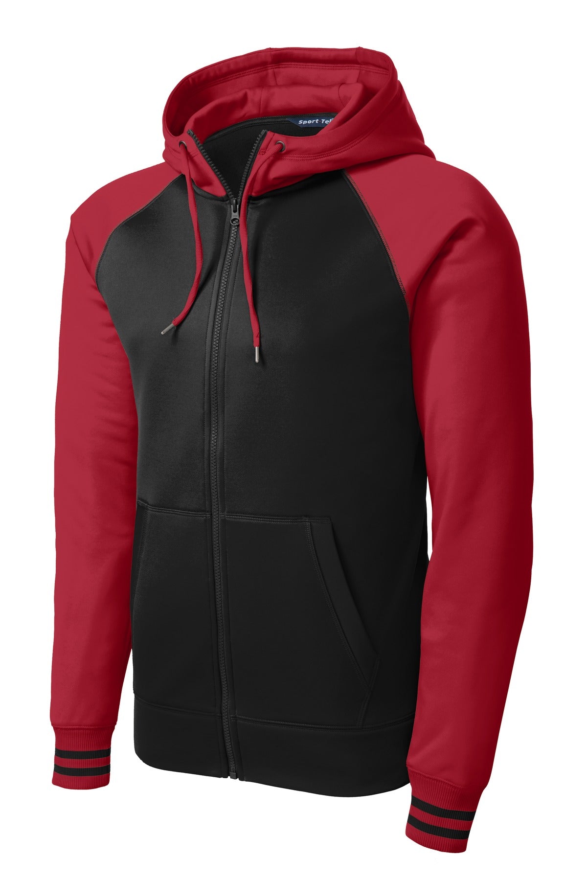 Front View of Blk/Deep Red Sport-Tek Sport-Wick Varsity Fleece Full-Zip Hooded Jacket. ST236