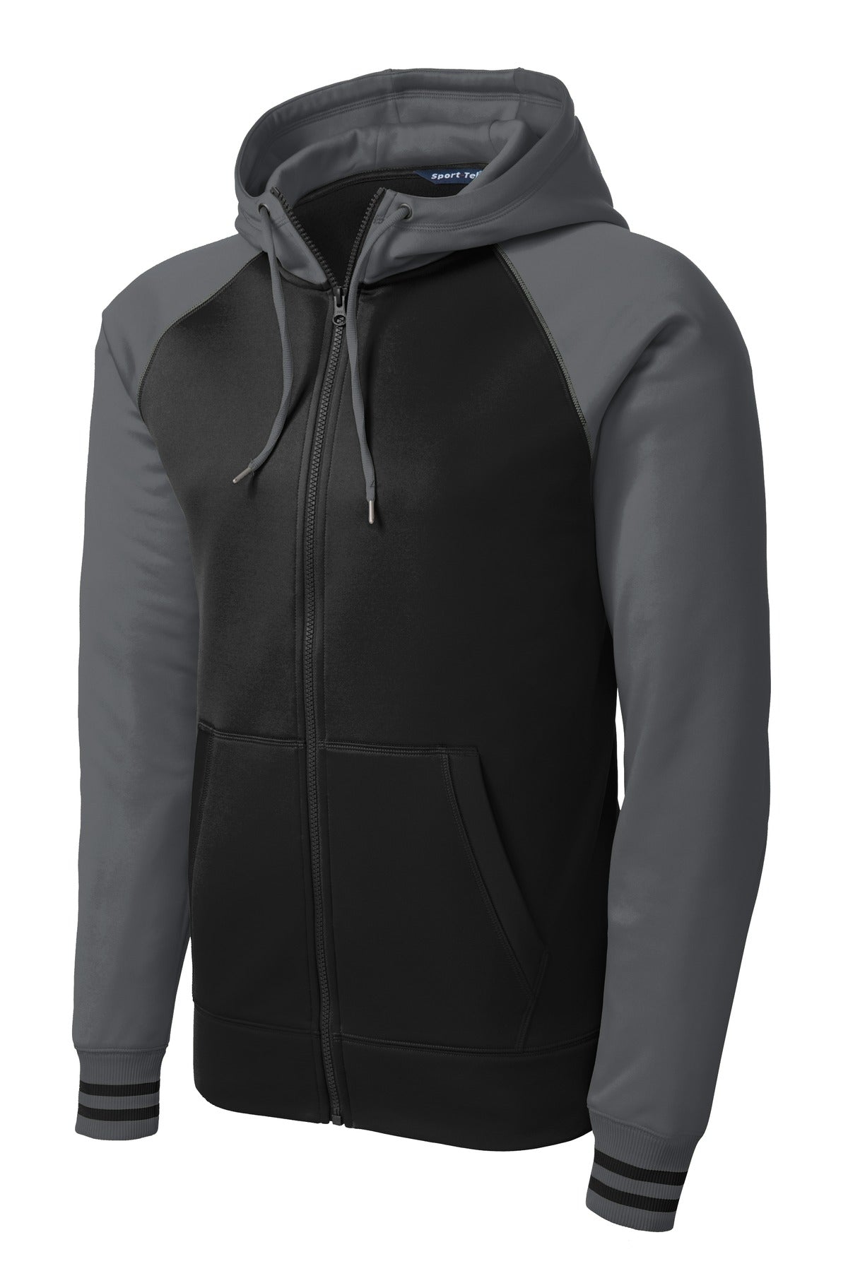 Front View of Blk/Dk Smk Gry Sport-Tek Sport-Wick Varsity Fleece Full-Zip Hooded Jacket. ST236