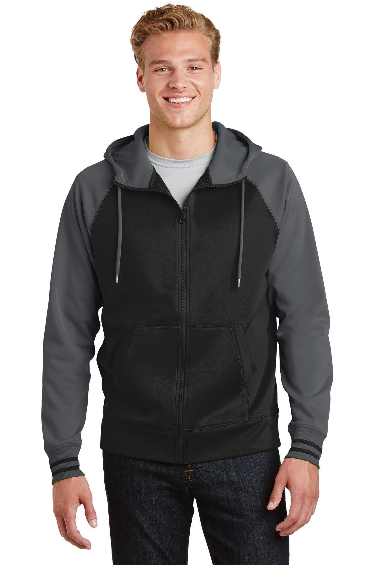 Front View of Blk/Dk Smk Gry Sport-Tek Sport-Wick Varsity Fleece Full-Zip Hooded Jacket. ST236