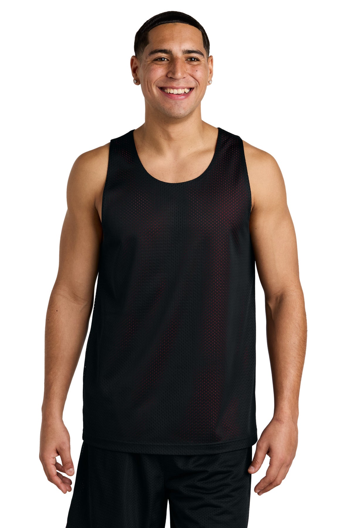 Front View of Blk/DpRed Sport-Tek PosiCharge Reversible Mesh Tank ST5000